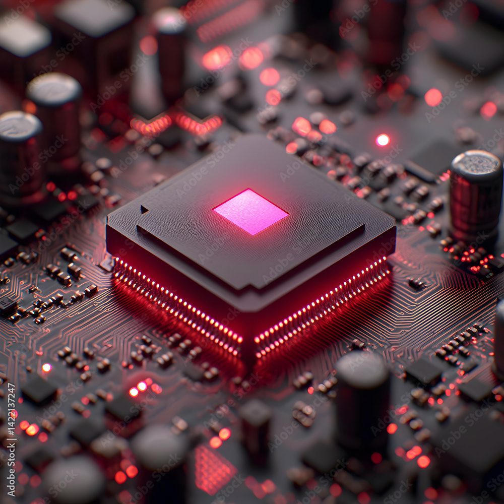 Poster glowing circuit board highlighting a central processor with a pulsing core. suggests advanced techno