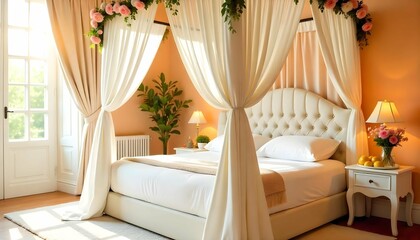 A beautiful and elegant bedroom with a canopy bed in the center. The canopy is made up of white drapes and is decorated with pink and white flowers and greenery. The bed is covered with a white bedshe