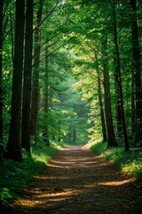 Fototapeta premium a dirt road in the middle of a forest with lots of trees