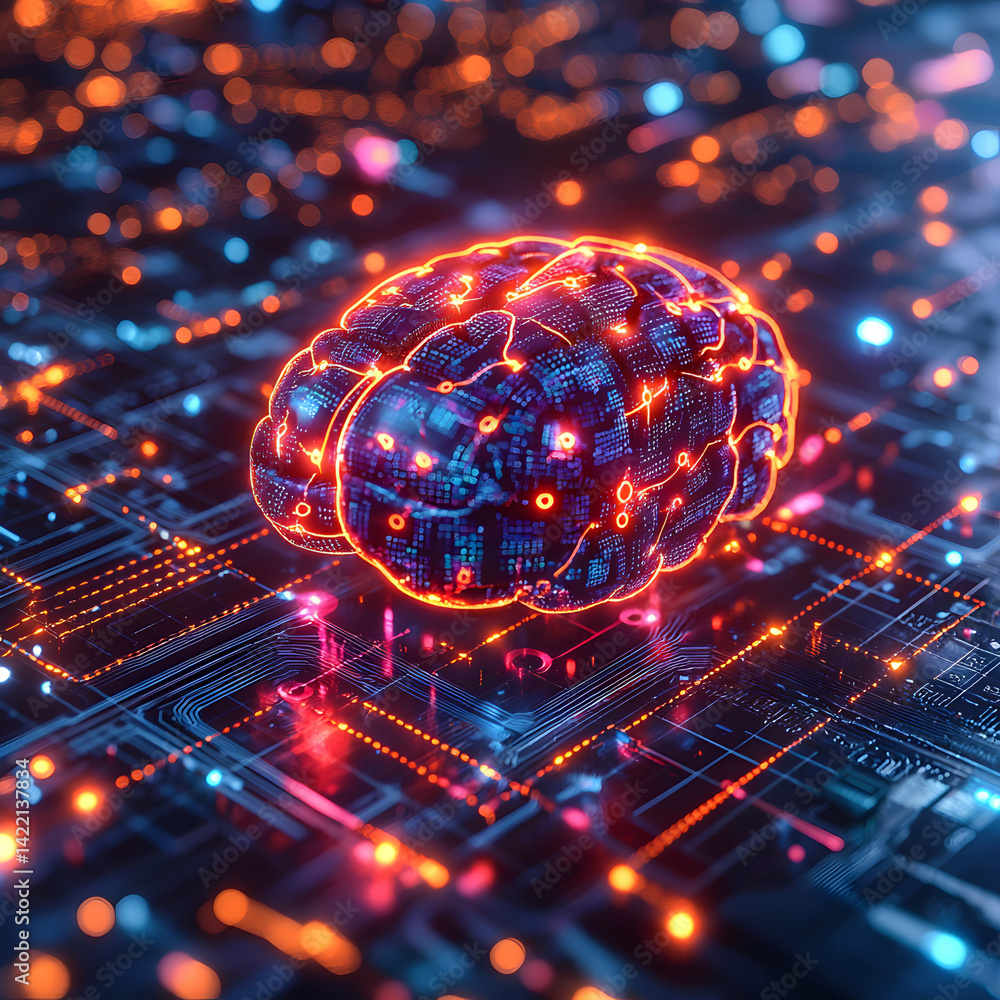 Poster a glowing brain sits on a circuit board representing artificial intelligence data processing and mac