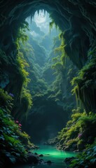 Majestic Cave with Lush Greenery and Crystal Clear Water Reflections