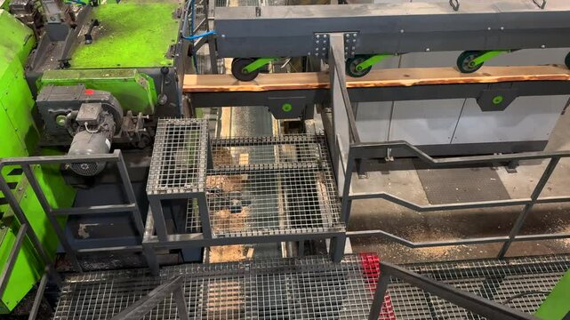 Wooden planks moving steadily along industrial conveyor, revealing precision and efficiency of modern sawmill automated production process