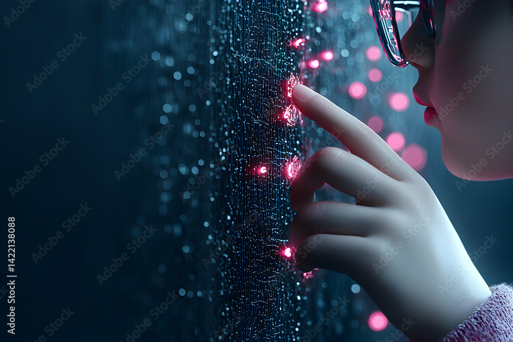 Poster a person interacts with a digital interface touching glowing red nodes. this could be used for a tec