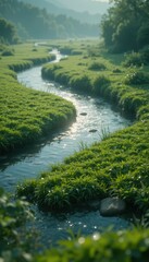 Serene River Flowing Through Lush Green Landscape at Sunrise