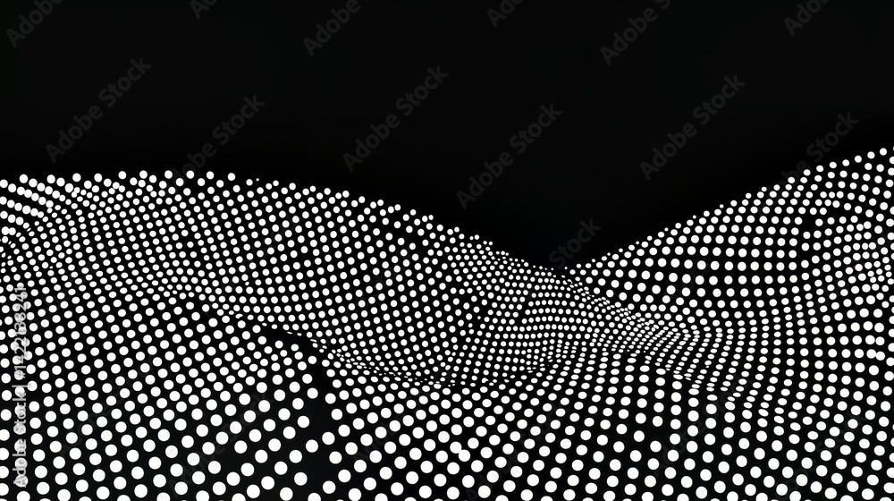 Poster Black and white image of a mountain range with a lot of dots. The dots are scattered all over the image, creating a sense of depth and texture. The image evokes a feeling of vastness