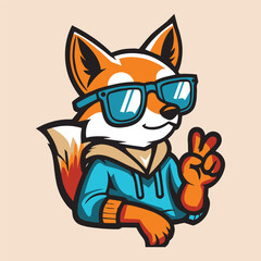 Cartoon Fox Character Wearing Sunglasses and Giving a Peace Sign Vector Illustration