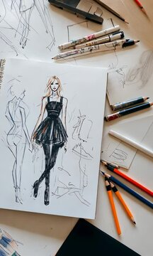 Creative designer working with colored markers and pencils, sketching stylish blonde woman wearing elegant black dress on open sketchbook near professional workspace