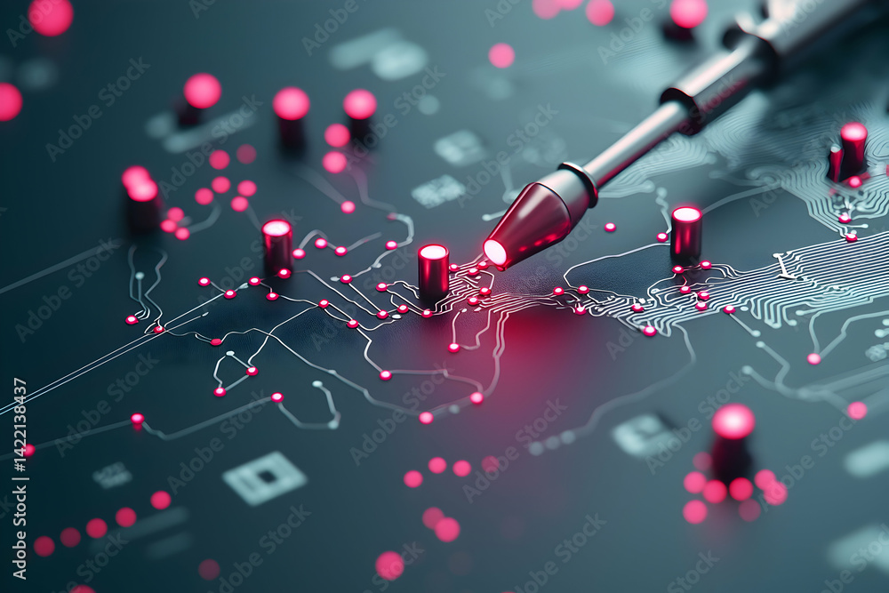 Poster a close-up of a circuit board with glowing components. a tool is emitting light over the circuit sug