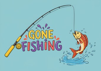 Gone Fishing colorful cartoon illustration with a fish being caught on a rod and reel