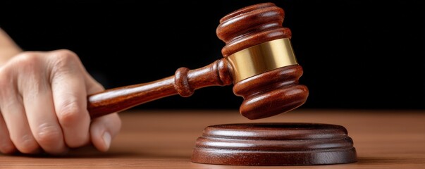 Wooden gavel striking a sound block on a table in a courtroom setting with a dark background