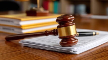 Elegant wooden gavel resting on legal documents in a law office setting with blurred background elements