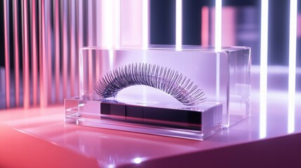 Fototapeta premium A display of false eyelashes and lipstick in a clear acrylic case, bathed in vibrant neon lighting. The eyelashes are glittery, showcasing a glamorous effect