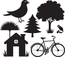 Black Silhouettes of House Bird Tree Bicycle and Frog