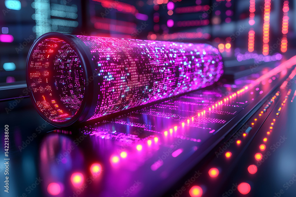 Poster a futuristic digital cylinder glows with data streams. ideal for tech presentations or sci-fi visual