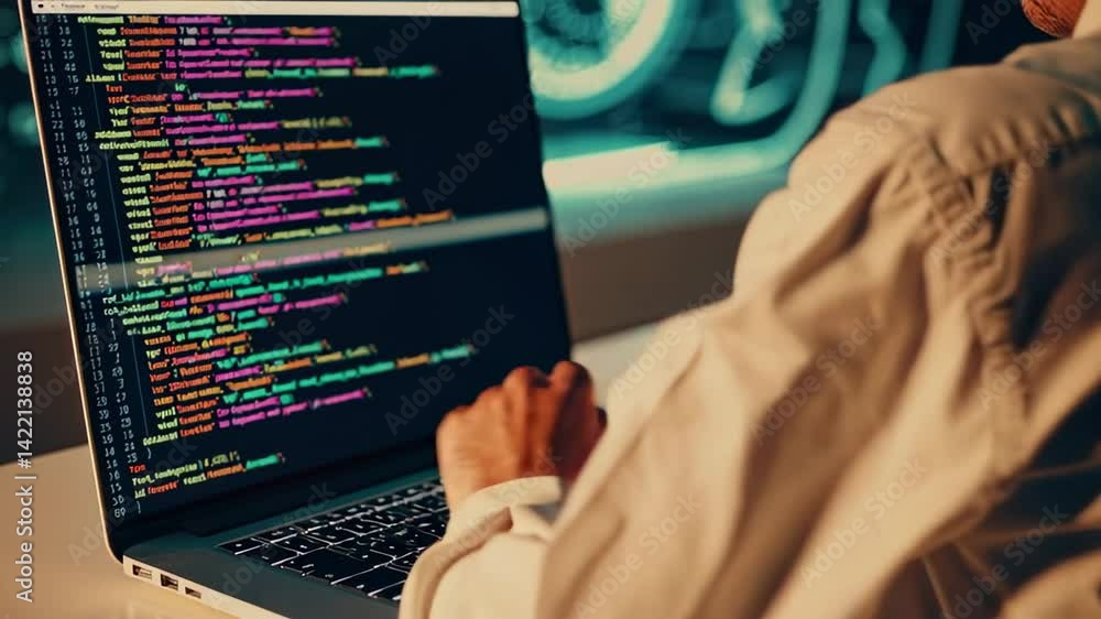 Aufkleber Professional software developer focusing on complex coding project, typing intensely on laptop keyboard in dimly lit office surrounded by vibrant neon lighting