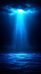 Blue Light Rays Shining Through Dark Clouds Over Water