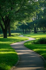 Obraz premium a view of a path through a park with trees and grass