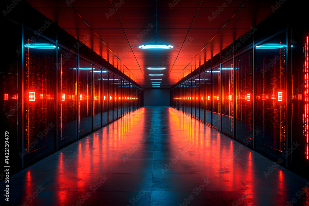 Poster a futuristic server room hallway bathed in red and blue light. the symmetrical design creates a sens