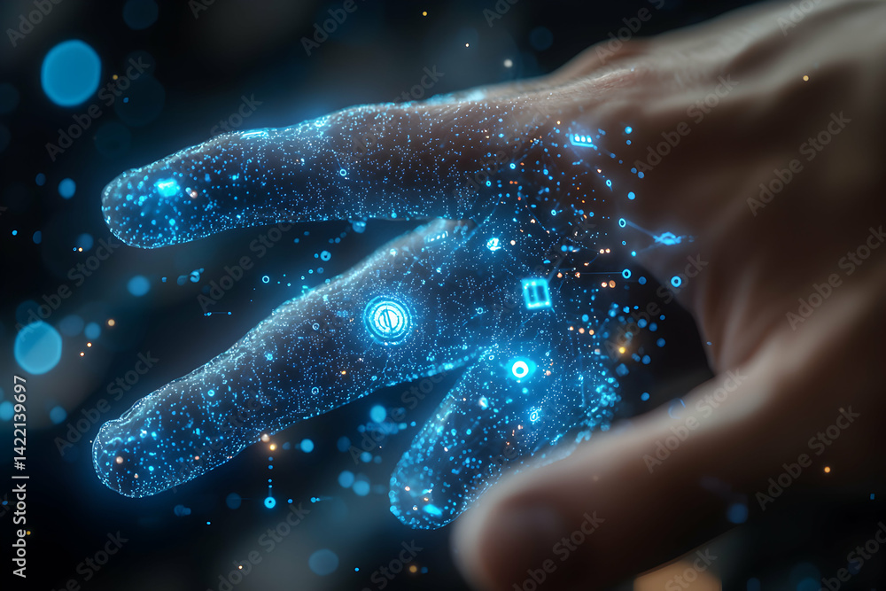 Poster a hand is depicted with glowing blue digital particles and icons. it could represent virtual reality