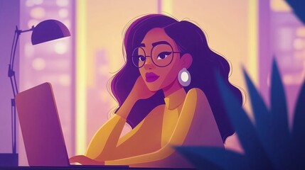 A young woman in glasses works on a laptop at her desk. Plants and office supplies are scattered nearby.