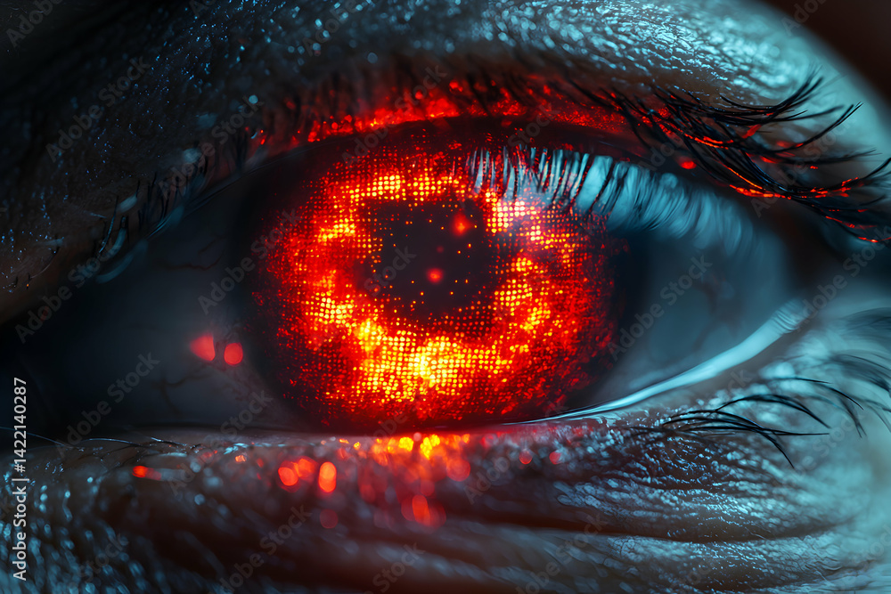 Poster an eye glows with digital fire hinting at advanced tech possibly cybernetic. this might be used in f