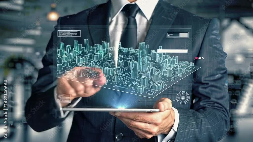 Poster Businessman interacting with a futuristic hologram of a smart city displayed on a tablet, exploring data and information about urban planning and development