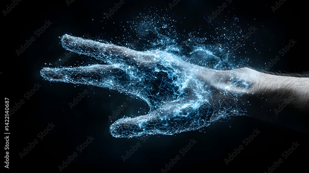 Poster a human hand transforming into glowing digital energy. it visualizes the concept of technology conne