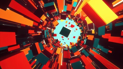 Fototapeta premium 立体的な構造が鮮やかな色で渦巻く様子が描かれている。