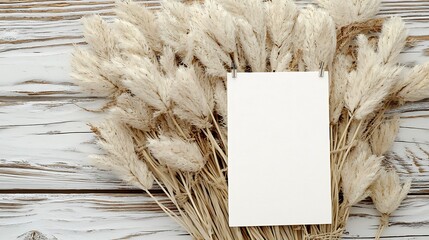 Blank Paper Card on Dry Pampas Grass with Rustic Wooden Background