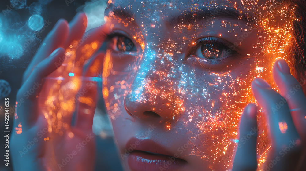 Poster a futuristic portrait of a woman with digital circuitry overlaying her face. suggests advanced techn