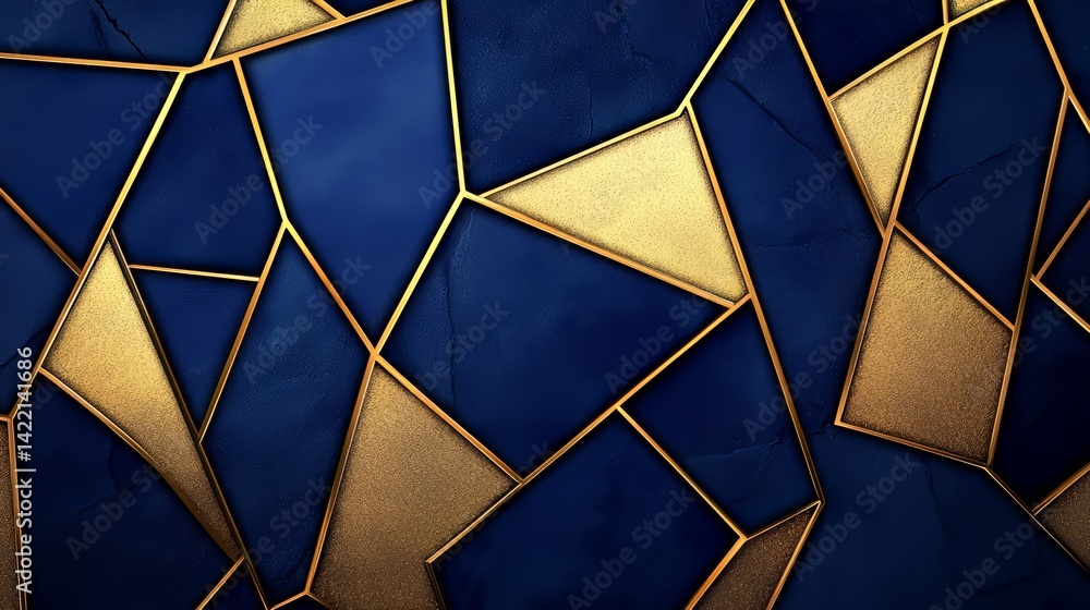 Poster blue and gold mosaic patterned wall. the blue and gold colors are arranged in a way that creates a s