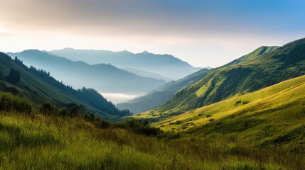 Fototapeta premium Serene mountain landscape with rolling green hills and misty valleys under a blue sky