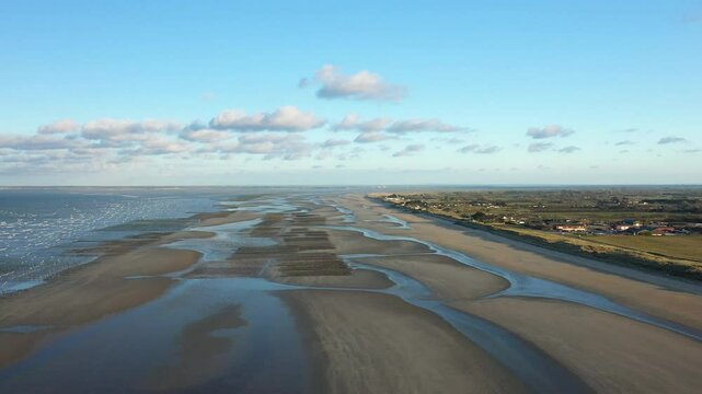 Utah Beach at low tide revealing its expanses in Europe, France, Normandy, towards Carentan, in spring, on a sunny day.&nbsp;