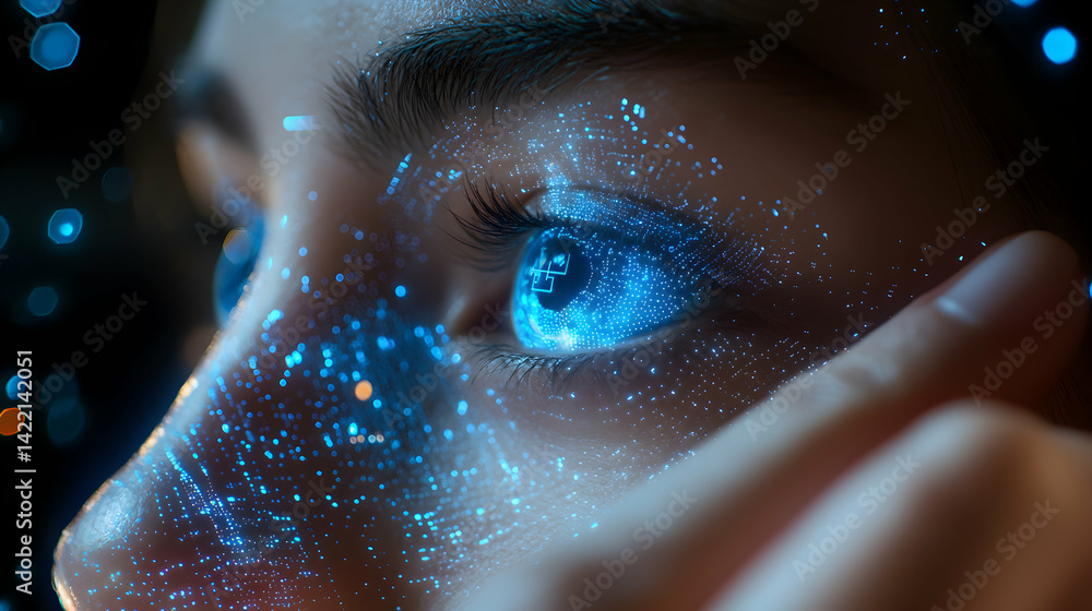 Poster a futuristic eye glows with digital data streams. suggesting augmented reality or advanced interface
