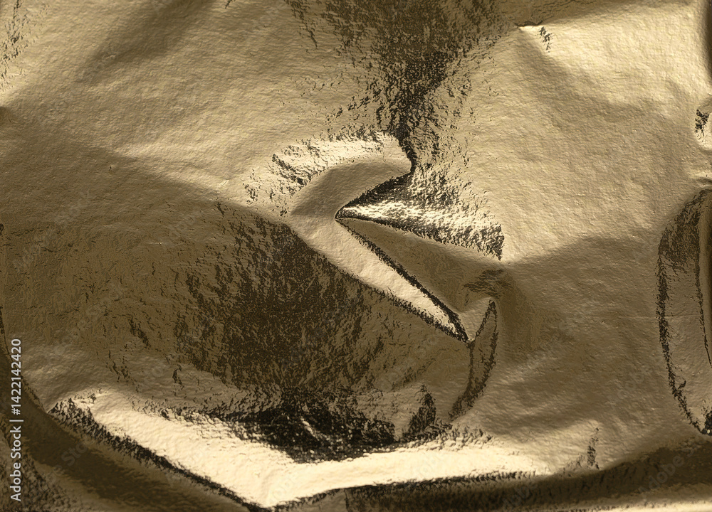 Poster gold foil texture with crumpled, folded metallic surface. shiny, reflective background in rich golde