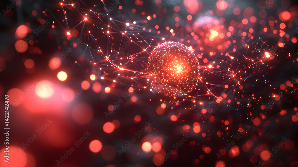 Poster abstract art with glowing red lights interconnected networks and bokeh effects. perfect for technolo