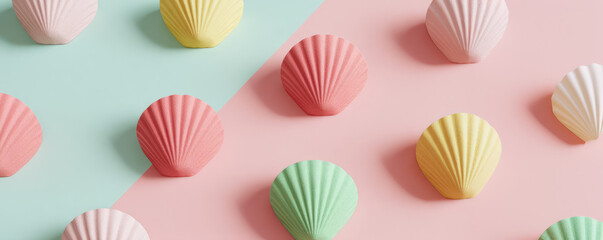 Fototapeta premium Seashell patterns in pastel colors repeat diagonally across a split mint-green and pink background, creating a harmonious and aesthetically pleasing visual arrangement