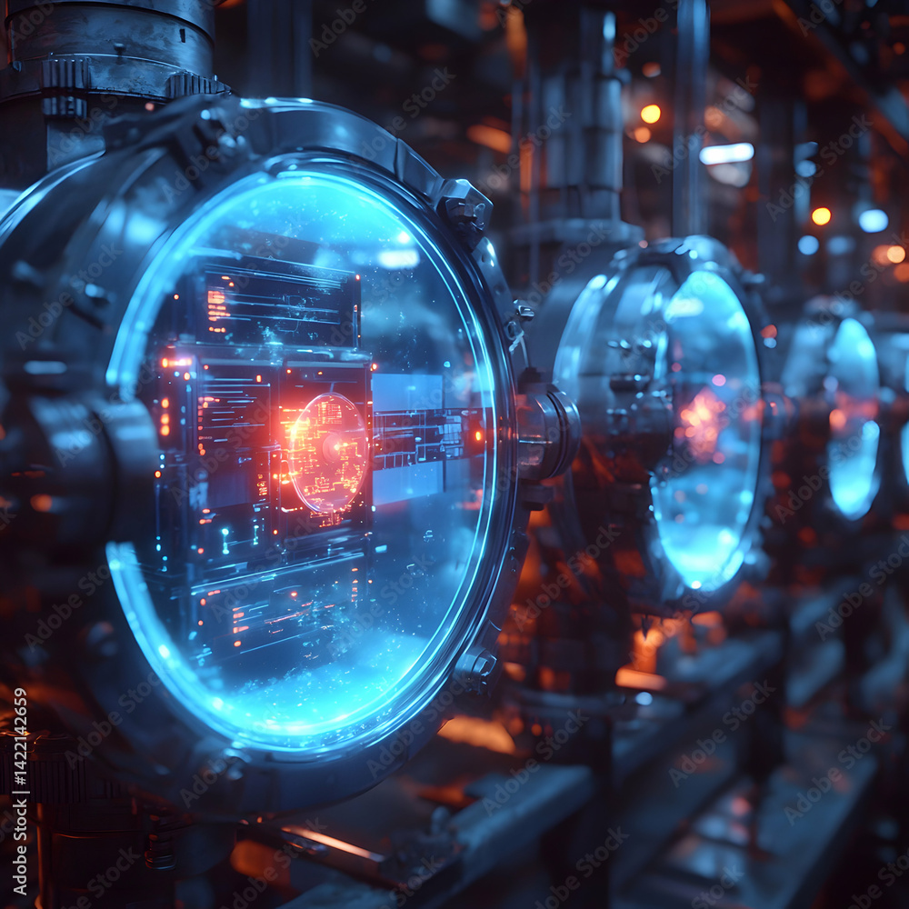 Poster futuristic machinery featuring glowing blue and orange light patterns. ideal for science fiction vis
