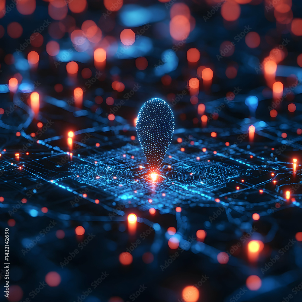 Poster an abstract depiction of data visualization. the image shows a location marker surrounded by a circu