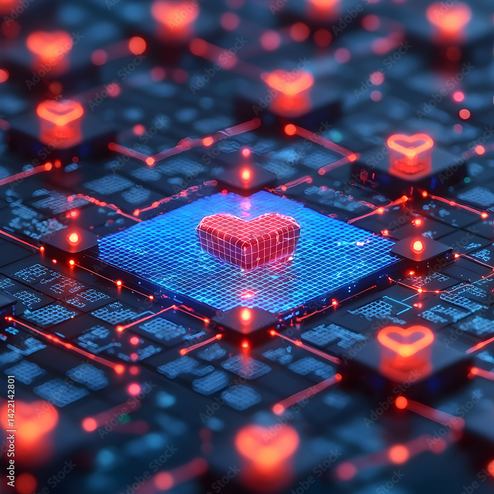 Poster a digital heart symbol embedded on a circuit board represents the intersection of technology and emo