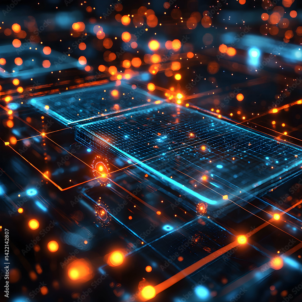 Poster abstract depiction of a circuit board with glowing lights and data flow. suitable for tech presentat