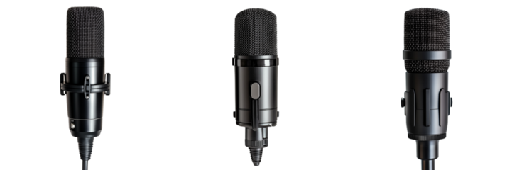 A set of powerful black microphones with sharp metallic finishes, isolated on a transparent background