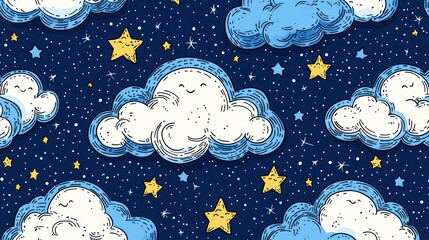 Cute clouds and stars on a dark night