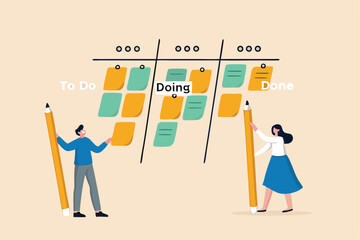 Category or prioritize work for project management, sorting important or urgency tasks, organize and plan for business success, kind or type concept, businessman with pencil categorized sticky notes.