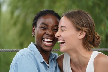 Fototapeta premium Joyful multiracial lesbian couple laugh intimately together outdoor.