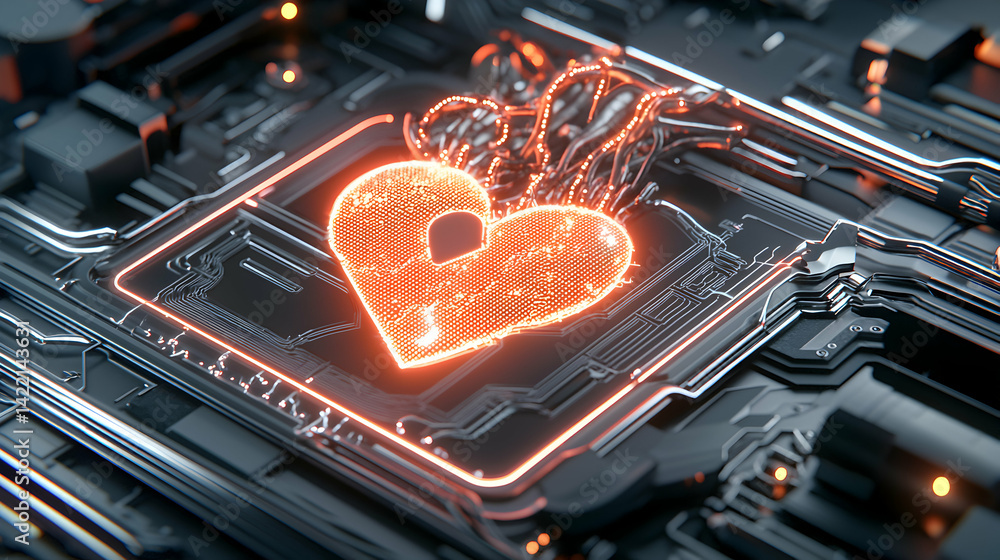 Poster a futuristic image featuring a glowing heart symbol integrated into a circuit board. it could be use