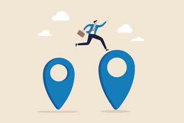 Business relocation, move office to new address or transfer to new location concept, businessman company owner jumping from map navigation pin to new one metaphor of relocation.