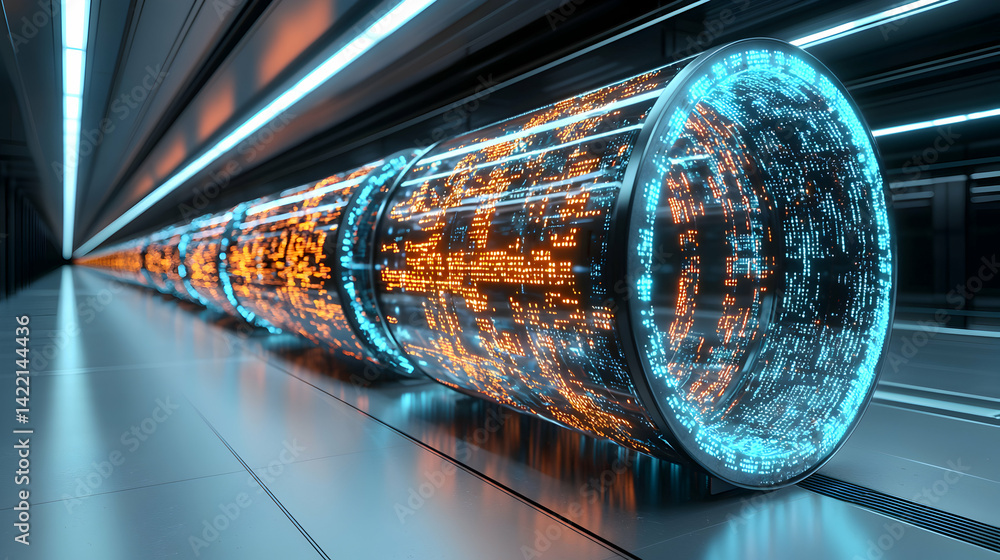Poster a futuristic cylindrical data conduit illuminated by blue and orange lights transports data through 