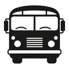 Generate a simple front-view icon of a bus, presented in both a solid black silhouette and a black outline.