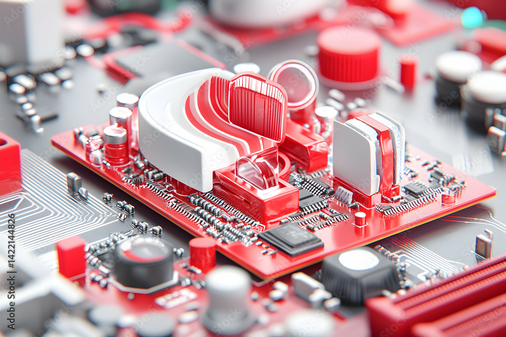 Poster a macro shot of a futuristic circuit board with vibrant red and white components. ideal for tech blo